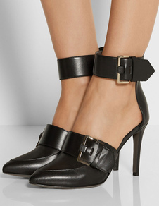 Chaussures à talons aigus en PU noir unicolore fait main avec boucle de polyuréthane / PU