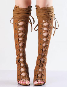 Bottes chic à talons aigus en micro daim Brun unicolore avec lacets