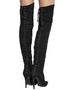 Cuissardes belles à talons aigus en tissu de terry noir unicolore et lacets avec lacets en cuir