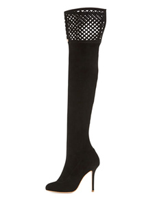 Cuissardes belles à talons aigus en tissu de terry noir unicolore fait main creusé en cuir