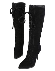 Bottes à talons aigus en tissu de terry noir unicolore avec lacets