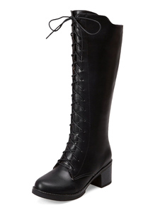 Bottes à talons épais en PU unicolore avec lacets