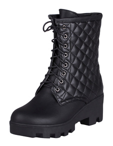 Bottes mi-mollet à lacets et bout rond en PU losangées