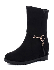 Bottes mi-mollet noires talons couverts à bout rond en micro daim unicolore