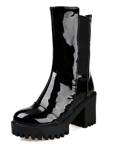 Bottes mi-mollet élastique à bout rond en PU vernies unicolore