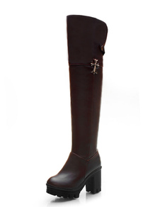 Bottes chic à talons épais en PU unicolore ornement métallique