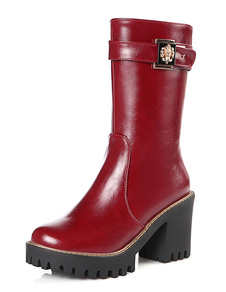 Bottes mi-mollet Zip à bout rond en PU unicolore