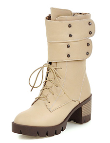 Bottes mi-mollet à lacets et bout rond en PU unicolore