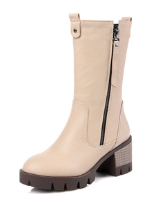 Bottes mi-mollet Zip à bout rond en PU unicolore