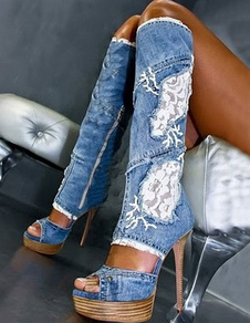 Bottes peep-toe zip en tissu bleu ciel claires avec dentelle