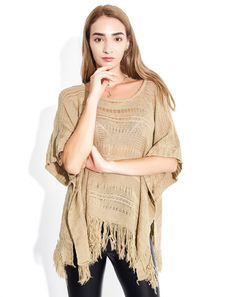 Charmant pull pour femme casual abricot unicolore avec frange fendu demi-manches