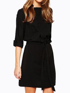 Robe d'été noire en polyester unicolore et lacet col à revers