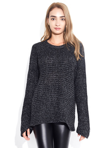Chic femme pull casual noir unicolore manches longues
