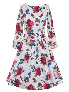 Élégente robe vintage moyenne rétro blanche impression plissée convenable col rond