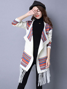 Chic cardigan style éthnique blanc avec rayure et frange ouverture avant manches longues