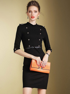 Robe bodycon en polyester col montant unicolore avec ceinture