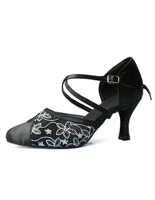 Populaires chaussures de latine en soie et satin noir à talons évasés courroie ajustable unicolore e