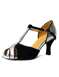 Attrayantes chaussures de latine en tissu de terry noir à talons évasés T-bracelet unicolore peep-to