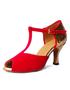 Belles chaussures de danse latine en micro daim à talons évasés T-bracelet bicolore peep-toe