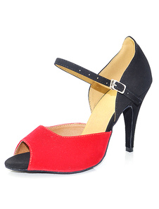 Adorables chaussures de latine en micro daim rouge à talons aigus courroie ajustable bicolore peep-t