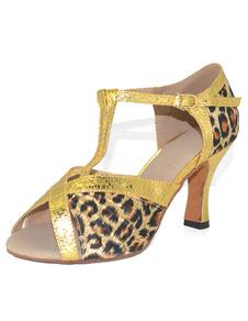 Pratiques chaussures de danse latine en soie et satin à talons évasés T-bracelet et motif léopard pe