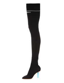 Cuissardes belles à talons aigus en tissu élastique noir unicolore élastique en tissu