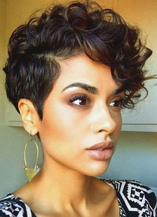 Perruque parfaite 8 inches noire ébouriffée en faux cheveux frange oblique