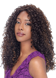 Perruque de qualité 22 inches marron foncée ébouriffée synthétique raie au milieu et frisée