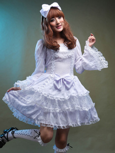 Robe lolita attirante en chiffon blanche unicolore douse col rond