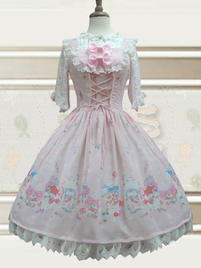 Robe à bretelles lolita charmante en chiffon rose impression avec noeud à bretelles Robe