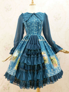 Robe lolita charmante en chiffon bleu foncée impression douse col à revers