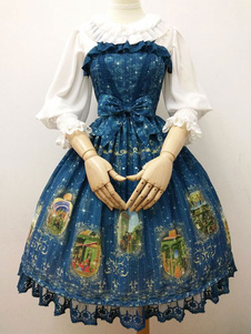 Robe à bretelles lolita charmante en chiffon bleu foncée impression avec noeud à bretelles Robe sans