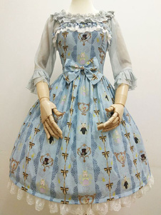 Robe à bretelles lolita charmante en chiffon impression avec noeud à bretelles Robe sans manches