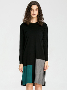 Fascinante robe pull longueur genou casual color-block surdimensionné col rond quotidienne