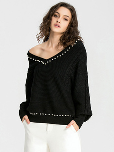 Chic femme pull unicolore noir tricoté clouté surdimensionné manches casaque manches longues