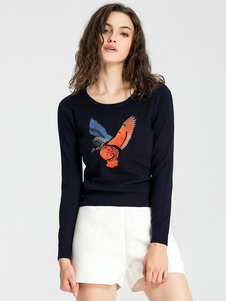 Charmant pull pour femme Oiseau blanc imprimé animal brodé Pendentif Oiseaux manches longues