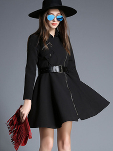 Populaire manteau femme en polyester unicolore avec ceinture plissé col à revers