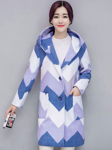Attrayant manteau femme en laine bleu à zigzags avec poches à capuche