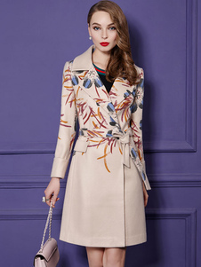 Énigmatique manteau femme en polyester abricot impression fendu col à revers