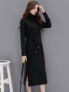 Fascinante robe pull rétro unicolore avec poches col roulé plein air