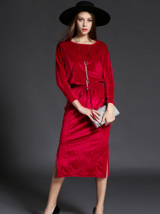 Maj Bourgogne robe velours col rond manches longues Drawstring Split Slim Fit robe féminine