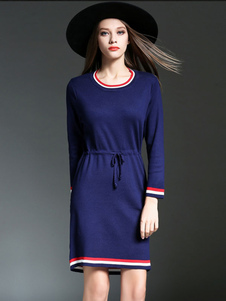 Fascinante robe pull mode unicolore avec lacets col rond plein air