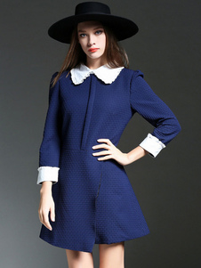 Fascinante robe skater doux en polyester bleu bicolore plissé col Peter Pan