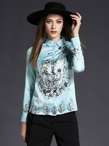 Blouse belle habillé en polyester bleu impression avec bouton