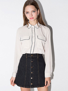 Blouse femme casual en polyester blanc color-block avec poches vêtements journaliers