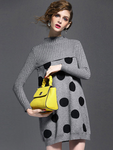 Populaire robe pull mode grise à pois convenable col ras du cou street style