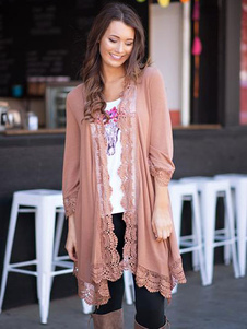 Charmant cardigan mode rose unicolore avec dentelle ouverture avant manches 3/4