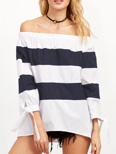 Blouse mode en fibres de coton blanc avec rayure et lacets surdimensionné