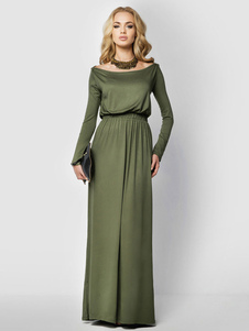 Robe longue en fibres de coton unicolore plissé col bateau