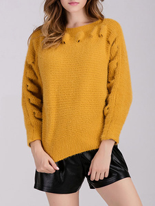 Chic femme pull mode jaune unicolore vêtements journaliers manches longues